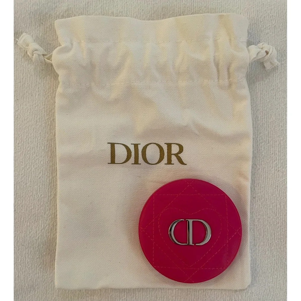 Christian Dior Pink Quilted Heart Compact Mirror Silver CD Logo Dust Bag‎ Travel